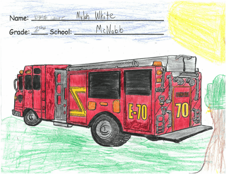 A red fire truck with yellow details labeled "E-70" is parked on grass, with a tree and sun in the background. The drawing includes spaces for name, grade, and school at the top.