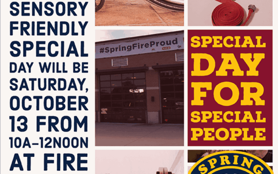 Event flyer with text promoting a sensory-friendly special day on Saturday, October 13 from 10 AM to 12 noon at the fire station, featuring images of fire equipment and a fire station.