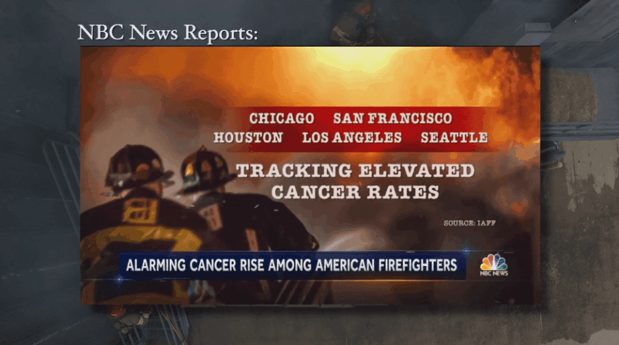 Two firefighters face a smoky scene as text highlights elevated cancer rates in cities including Chicago, San Francisco, Houston, Los Angeles, and Seattle. NBC News reports on the issue.