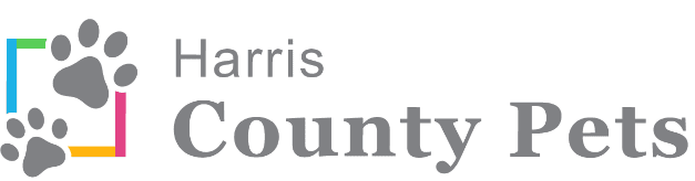 Logo for Harris County Pets featuring gray paw prints and colored lines forming a partial square on the left side, with the organization's name in gray text.