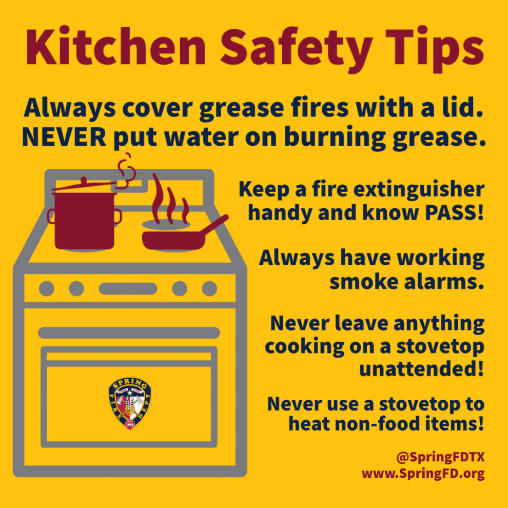 Illustrated kitchen safety tips with a stove, pot, and pan, emphasizing not to use water on grease fires and listing fire prevention advice in bold text.