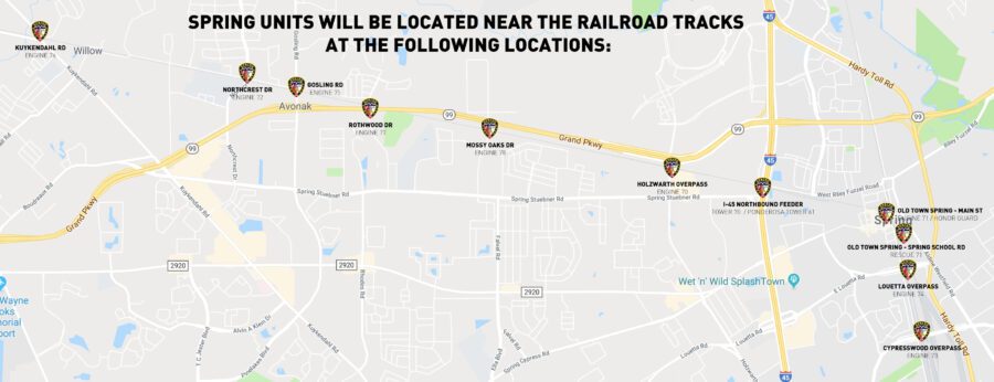 Map showing locations of spring units near railroad tracks in Avondale, Arizona, marked by police badge icons at specific points along the rail line.