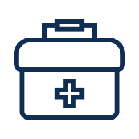 Icon of a medical briefcase with a handle and a cross symbol in the center, representing healthcare or first aid services.