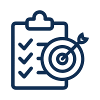 An icon showing a clipboard with a checklist and a target symbol with an arrow in the center, representing goal setting or achievement.