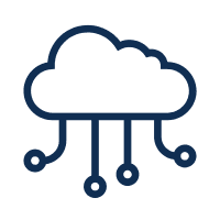 Simple line drawing of a cloud with three lines extending downward, each ending in a circle, representing cloud computing or data connections.